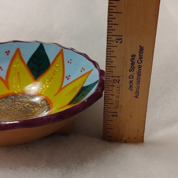 Mexican Bowl Sunflower Hand Painted Three Footed Bowl Handmade - Picture 3 of 4